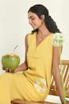 Buy_Baise Gaba_Yellow Cotton, Linen Embroidery V-neck Sunshine Midi Dress 