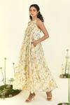Buy_Baise Gaba_Beige Chiffon Round Neck Floral Print Fit And Flare Maxi Dress _at_Aza_Fashions