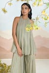 Buy_Baise Gaba_Green Chiffon Embroidery Halter Neck Wingsong Gharara Set _Online_at_Aza_Fashions