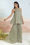 Shop_Baise Gaba_Green Chiffon Embroidery Halter Neck Wingsong Gharara Set _Online_at_Aza_Fashions