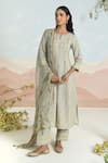Buy_BAISE GABA_Green Chiffon Embroidery Split V-neck Solvia Printed Kurta Set _at_Aza_Fashions