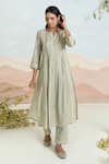 Shop_BAISE GABA_Green Chiffon Embroidery Split V-neck Solvia Printed Kurta Set _Online_at_Aza_Fashions