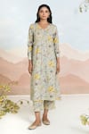 Buy_BAISE GABA_Green Chiffon Embroidery V-neck Floral Tendril Kurta Set _Online_at_Aza_Fashions