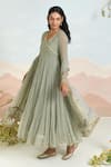 Baise Gaba_Green Chiffon, Cotton Embroidery V-neck Gardenia Anarkali Set _Online_at_Aza_Fashions