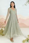 Baise Gaba_Green Chiffon, Cotton Embroidery V-neck Gardenia Anarkali Set _Online