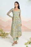 Shop_Baise Gaba_Green Chiffon Embroidery Square Neck Sunpetal Printed Anarkali Set _Online_at_Aza_Fashions
