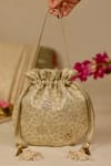 AMYRA_Gold Embroidery, Tassels Tarang Cutwork Potli Bag _Online_at_Aza_Fashions
