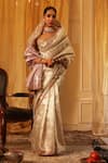Buy_Aditi Gupta_Ivory Silk, Tissue Embroidery, Beads, Sequins V-neck Zari Saree Set _at_Aza_Fashions