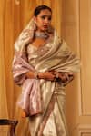 Buy_Aditi Gupta_Ivory Silk, Tissue Embroidery, Beads, Sequins V-neck Zari Saree Set _Online_at_Aza_Fashions