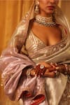 Shop_Aditi Gupta_Ivory Silk, Tissue Embroidery, Beads, Sequins V-neck Zari Saree Set _Online_at_Aza_Fashions