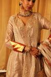 Shop_Aditi Gupta_Rose Gold Silk, Tissue Embroidery V-neck Designer Anarkali Set _Online_at_Aza_Fashions