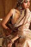 Shop_Aditi Gupta_Ivory Silk, Tissue Embroidery Round Neck Zari Saree Set _Online_at_Aza_Fashions