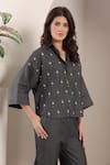 Saaj by Ankita_Charcoal Embroidery Collared Stardust Chambray Co-ord Set _Online_at_Aza_Fashions