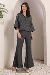 Buy_Saaj by Ankita_Charcoal Embroidery Collared Stardust Chambray Co-ord Set _Online_at_Aza_Fashions