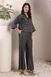Shop_Saaj by Ankita_Charcoal Embroidery Collared Stardust Chambray Co-ord Set _Online_at_Aza_Fashions