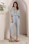 Buy_Saaj by Ankita_Blue Embroidery Collared Light Chambray Bloom Drift Set _at_Aza_Fashions