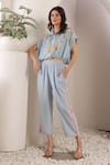 Saaj by Ankita_Blue Embroidery Collared Light Chambray Bloom Drift Set _Online_at_Aza_Fashions