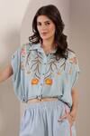 Buy_Saaj by Ankita_Blue Embroidery Collared Light Chambray Bloom Drift Set _Online_at_Aza_Fashions