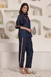 Saaj by Ankita_Blue Embroidery Collared Indigo Bloom Chambray Pant Set _Online_at_Aza_Fashions