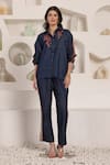 Buy_Saaj by Ankita_Blue Embroidery Collared Indigo Bloom Chambray Pant Set _at_Aza_Fashions