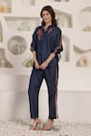 Buy_Saaj by Ankita_Blue Embroidery Collared Indigo Bloom Chambray Pant Set _Online_at_Aza_Fashions