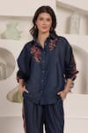Shop_Saaj by Ankita_Blue Embroidery Collared Indigo Bloom Chambray Pant Set _Online_at_Aza_Fashions