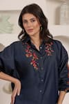 Buy_Saaj by Ankita_Blue Embroidery Collared Indigo Bloom Chambray Pant Set 