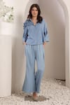 Buy_Saaj by Ankita_Sky Blue Denim Fabric Flowers Collared Azure Bloom Co-ord Set _at_Aza_Fashions