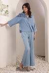Shop_Saaj by Ankita_Sky Blue Denim Fabric Flowers Collared Azure Bloom Co-ord Set _Online_at_Aza_Fashions