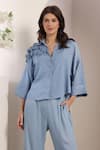 Saaj by Ankita_Sky Blue Denim Fabric Flowers Collared Azure Bloom Co-ord Set _at_Aza_Fashions