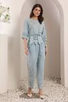 Saaj by Ankita_Sky Blue Embroidery Round Neck Mistflower Chambray Set _Online_at_Aza_Fashions