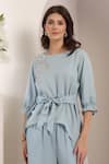 Buy_Saaj by Ankita_Sky Blue Embroidery Round Neck Mistflower Chambray Set _Online_at_Aza_Fashions