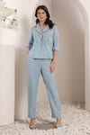 Buy_Saaj by Ankita_Blue Embroidery, Sequins Collared Mirage Chambray Co-ord Set _at_Aza_Fashions