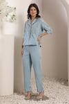 Shop_Saaj by Ankita_Blue Embroidery, Sequins Collared Mirage Chambray Co-ord Set _Online_at_Aza_Fashions