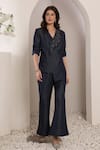 Saaj by Ankita_Navy Lurex, Denim Embroidery Indigo Eclipse Blazer And Pant Set _Online_at_Aza_Fashions