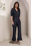 Buy_Saaj by Ankita_Navy Lurex, Denim Embroidery Indigo Eclipse Blazer And Pant Set _at_Aza_Fashions