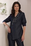 Saaj by Ankita_Navy Lurex, Denim Embroidery Indigo Eclipse Blazer And Pant Set _at_Aza_Fashions