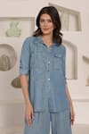 Buy_Saaj by Ankita_Blue Embroidery Collared Chambray Shirt And Culottes Set _at_Aza_Fashions