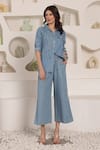 Buy_Saaj by Ankita_Blue Embroidery Collared Chambray Shirt And Culottes Set _Online_at_Aza_Fashions