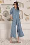 Shop_Saaj by Ankita_Blue Embroidery Collared Chambray Shirt And Culottes Set _Online_at_Aza_Fashions
