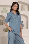 Saaj by Ankita_Blue Embroidery Collared Chambray Shirt And Culottes Set _at_Aza_Fashions