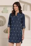 Shop_Saaj by Ankita_Blue Embroidery Collared Dark Chambray Dress _Online_at_Aza_Fashions