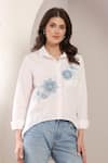 Buy_Saaj by Ankita_White Cotton Embroidery Collared Petal Script Shirt _at_Aza_Fashions