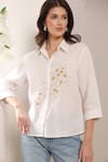 Saaj by Ankita_White Linen Embroidery Collared Sunspell Shirt _Online_at_Aza_Fashions