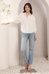 Saaj by Ankita_White Linen Embroidery Collared Frostbite Shirt _Online_at_Aza_Fashions