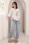 Buy_Saaj by Ankita_White Cotton Embroidery Round Neck Paperwings Shirt _Online_at_Aza_Fashions