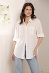 Buy_Saaj by Ankita_White Cotton Embroidery Collared Ivory Glint Shirt _at_Aza_Fashions