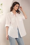 Shop_Saaj by Ankita_White Cotton Embroidery Collared Ivory Glint Shirt _Online_at_Aza_Fashions