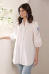 Buy_Saaj by Ankita_White Cotton Embroidery Collared Tangerine Folklore Shirt _at_Aza_Fashions