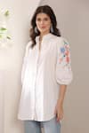 Saaj by Ankita_White Cotton Embroidery Collared Tangerine Folklore Shirt _Online_at_Aza_Fashions